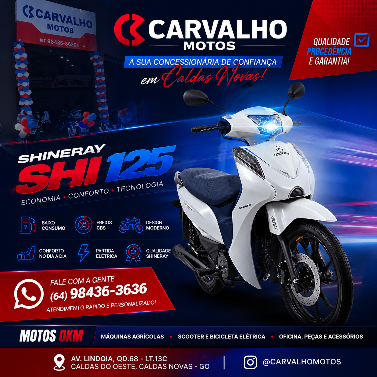 Arte da Carvalho Motos apresentando a Shineray SHI 125 branca